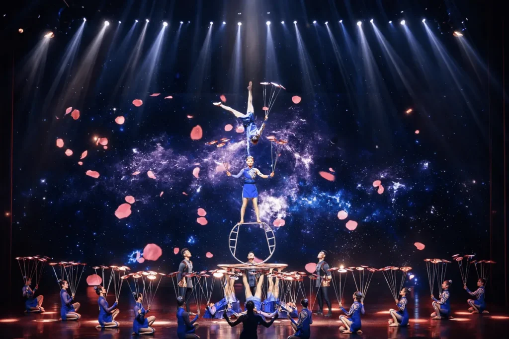 Acrobates faisant tourner des assiettes chinoises au bout de baguettes devant un ciel étoilé, Odyssée